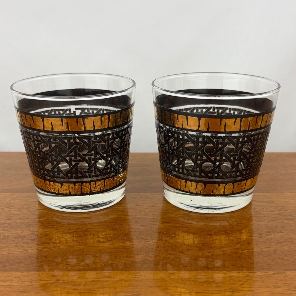 Vintage mid century Libbey black and gold wicker pattern lowball glasses pair